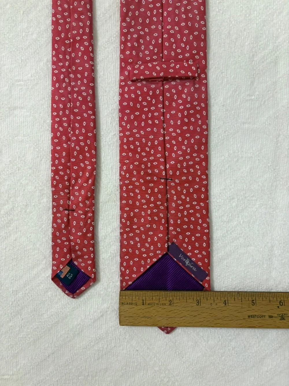 Vintage Ventura 100% Silk Tie Red White Micro Pattern Geometric Mens Necktie